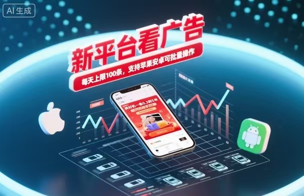 新台看广告，养好机一条5毛到5块，单机日入30到100，支持苹果安卓，可批量操作。-晶创聚力