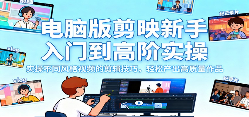 电脑版剪映新手入门到高阶实操，实操不同风格视频的剪辑技巧，轻松产出高质量作品-晶创聚力