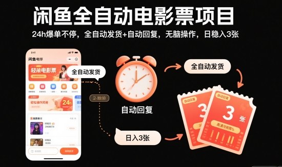 闲鱼全自动电影票项目，24h爆单不停，全自动发货+自动回复，无脑操作，日稳入3张【揭秘】-晶创聚力