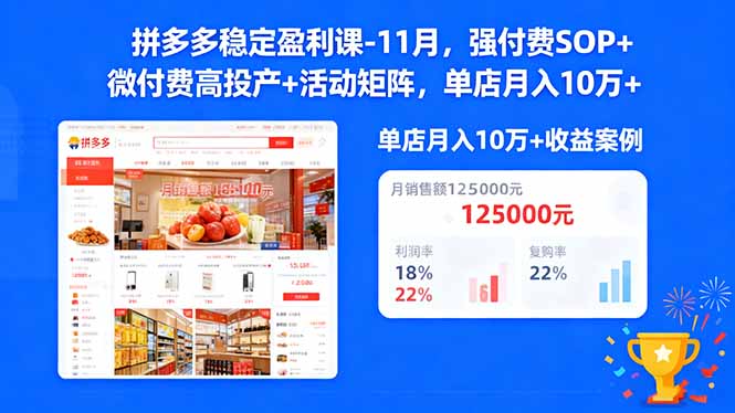 拼多多稳定盈利课-11月，强付费SOP+微付费高投产+活动矩阵，单店月入10w+-晶创聚力